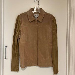 Tan Suede Leather Jacket with Knit Sleeves Size L